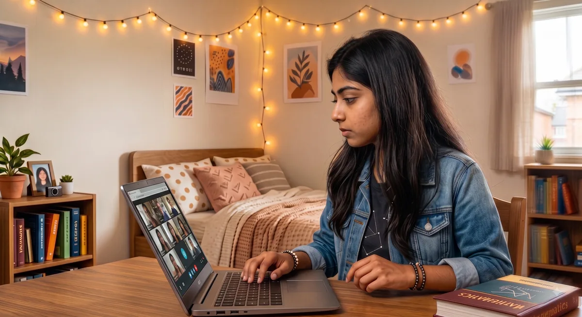 A student working at her own desk at home