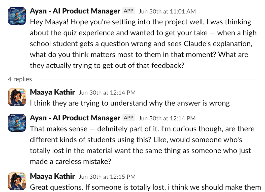 The Flintolabs workspace: an AI coworker asking a student questions about the project she is building, and pushing back on her answer